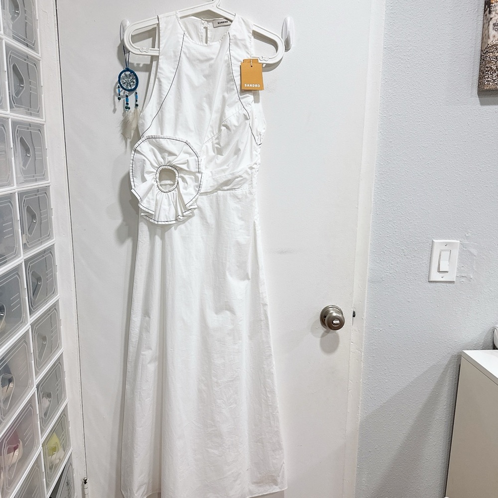 Sandro NWT White Midi Dress with Floral Detail - Picture 3 of 7